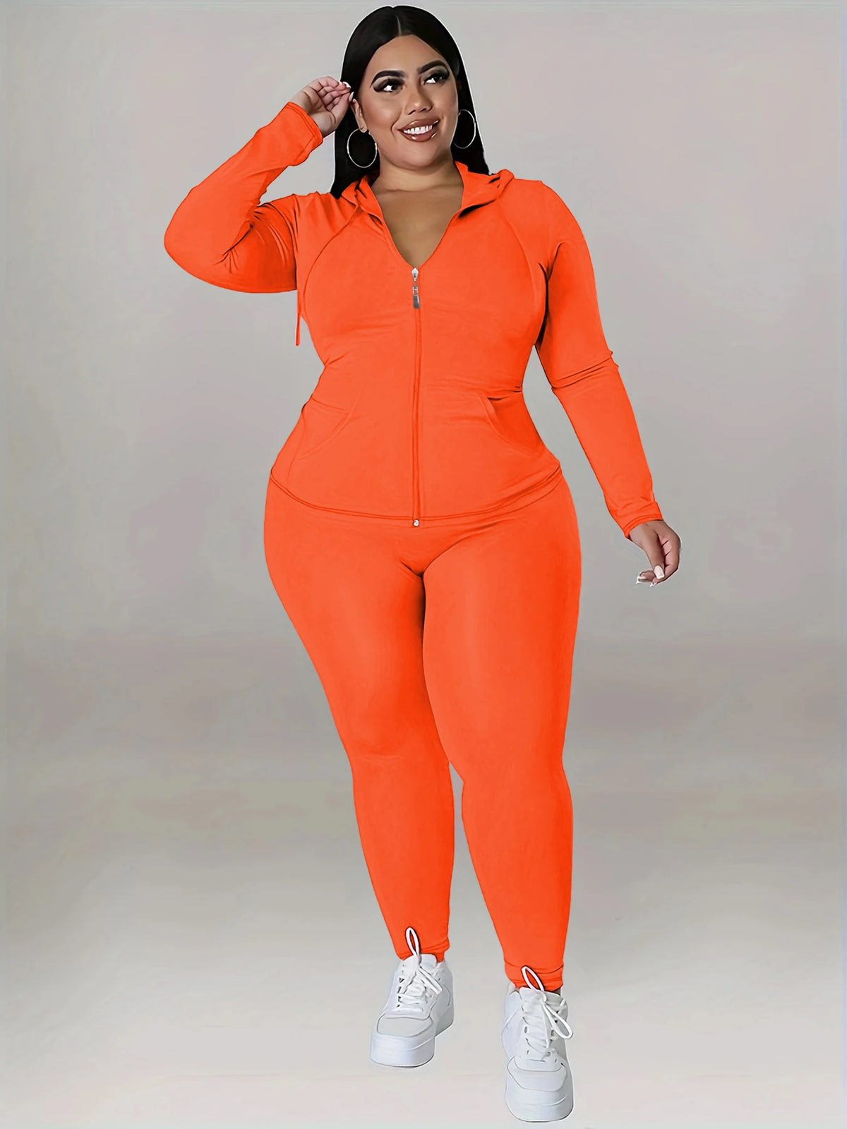 Plus Size Hooded Tracksuit Women Zipper Jacket With Pockets Casual 2 Piece