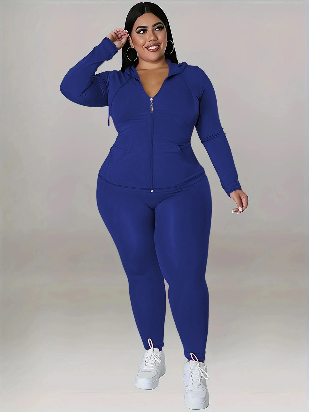 Plus Size Hooded Tracksuit Women Zipper Jacket With Pockets Casual 2 Piece