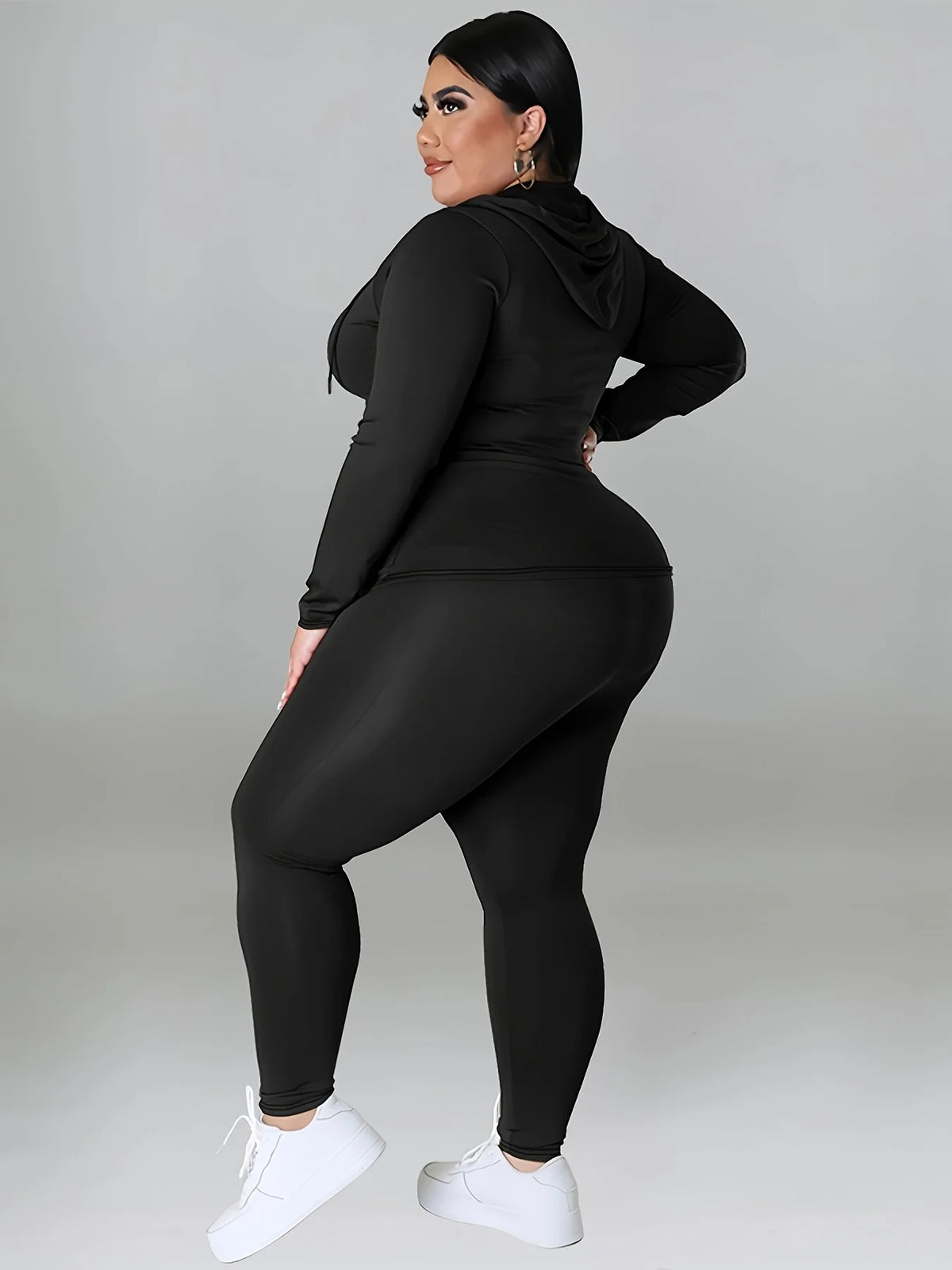 Plus Size Hooded Tracksuit Women Zipper Jacket With Pockets Casual 2 Piece