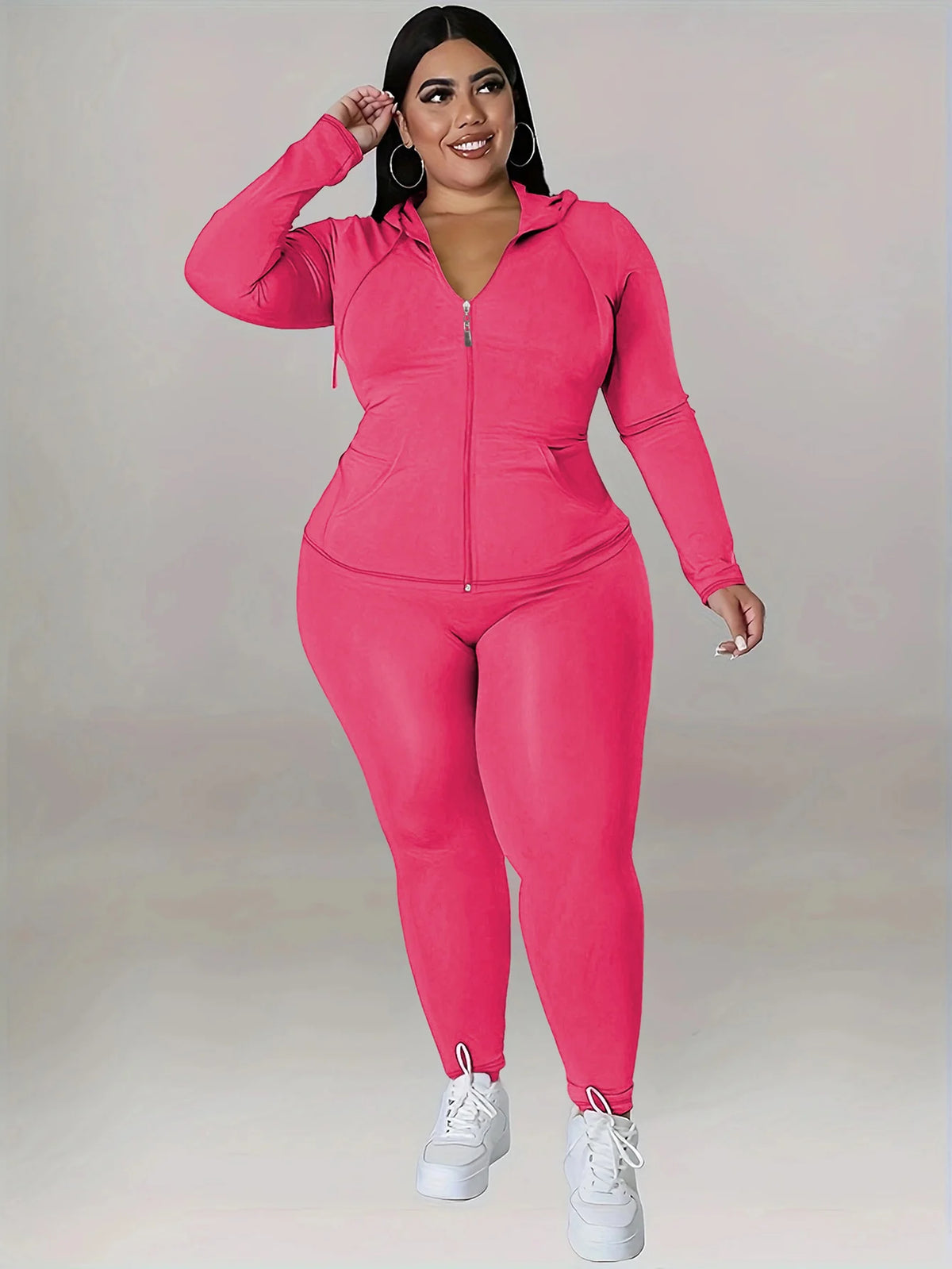 Plus Size Hooded Tracksuit Women Zipper Jacket With Pockets Casual 2 Piece
