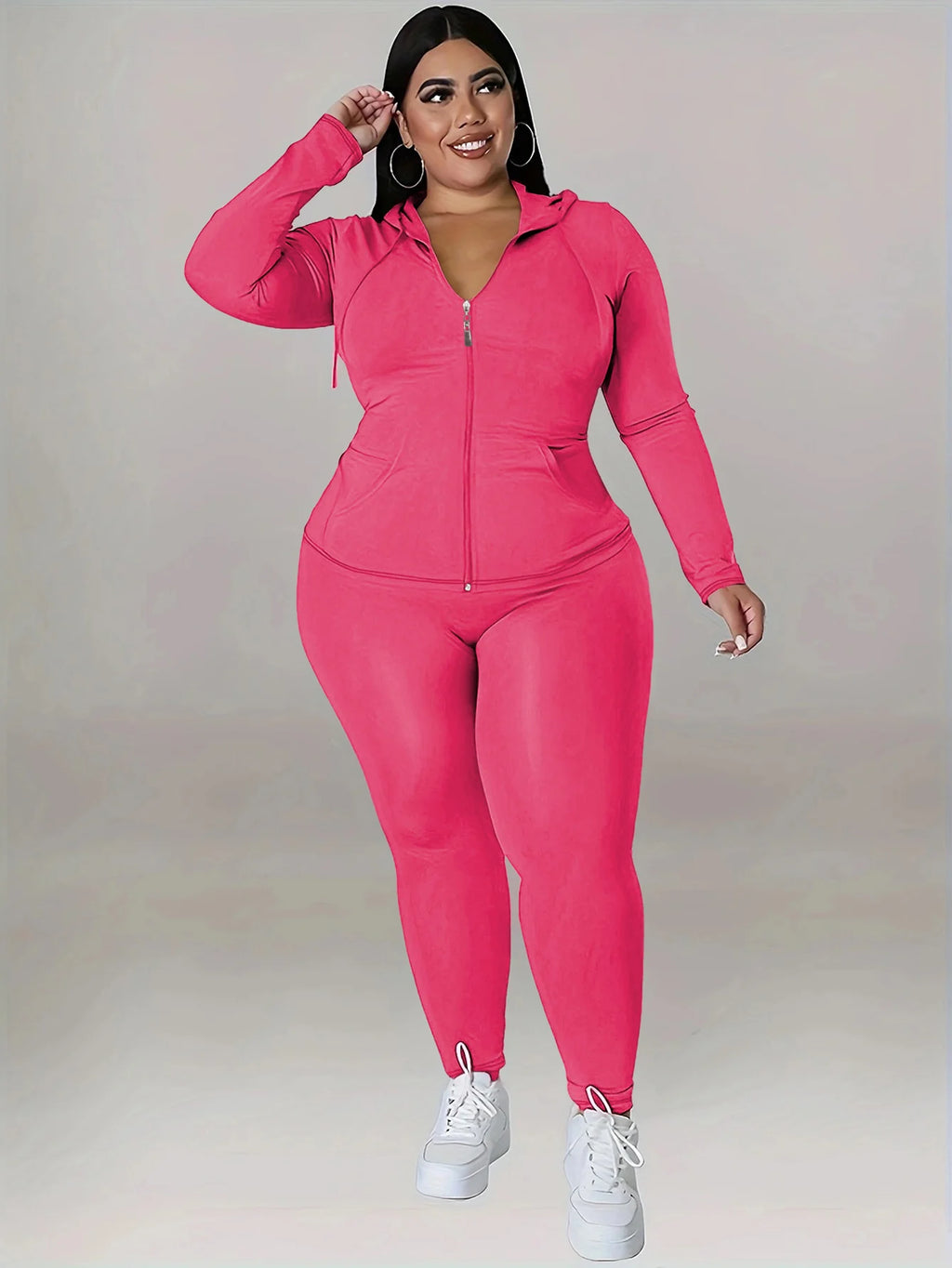Plus Size Hooded Tracksuit Women Zipper Jacket With Pockets Casual 2 Piece