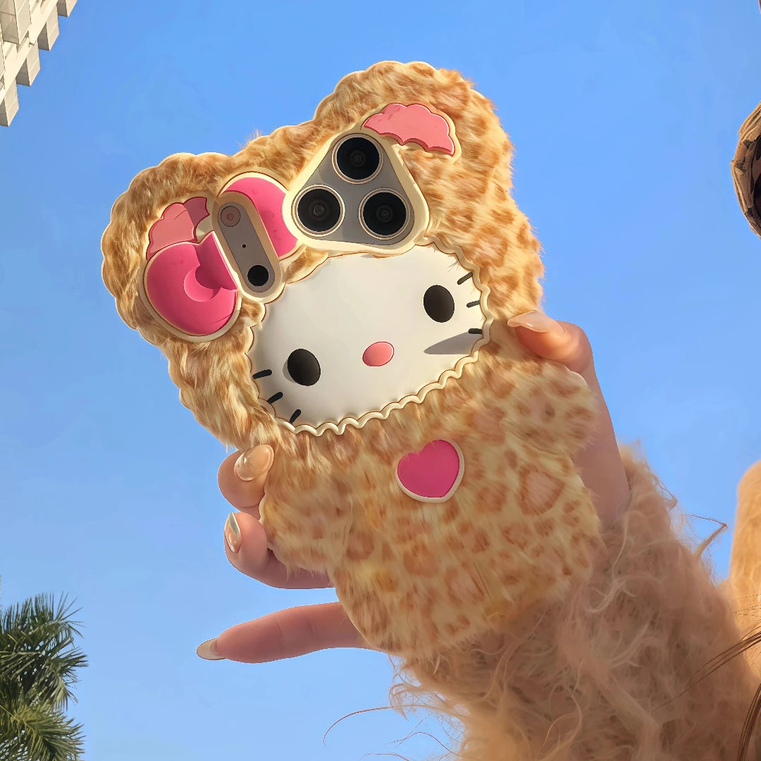 Cute Fluffy Leopard Print Hello Kitty Phone Case
