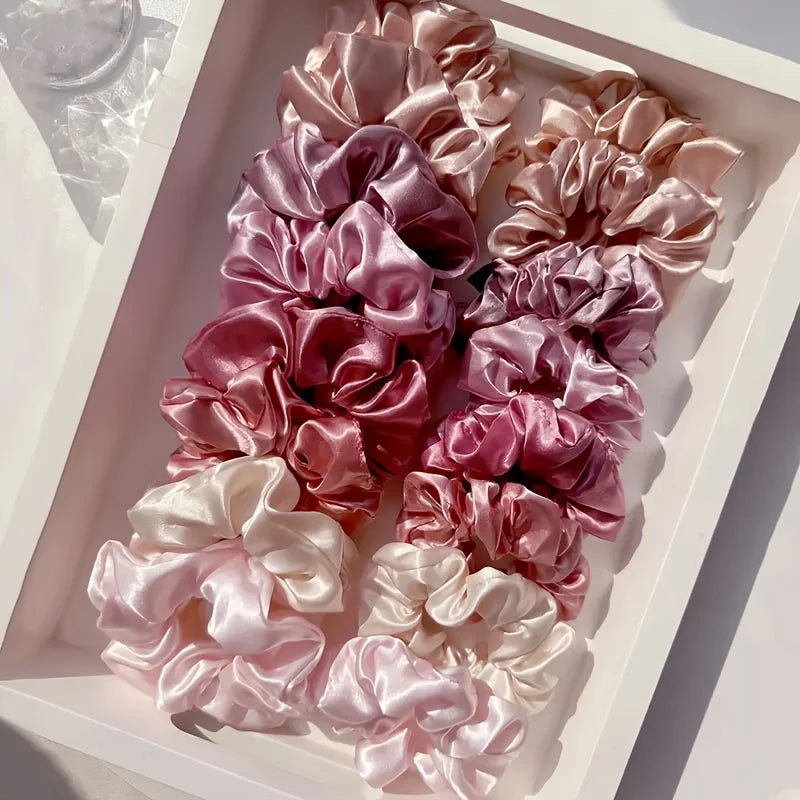 16-piece set of soft satin hair ties in pink and brown colors