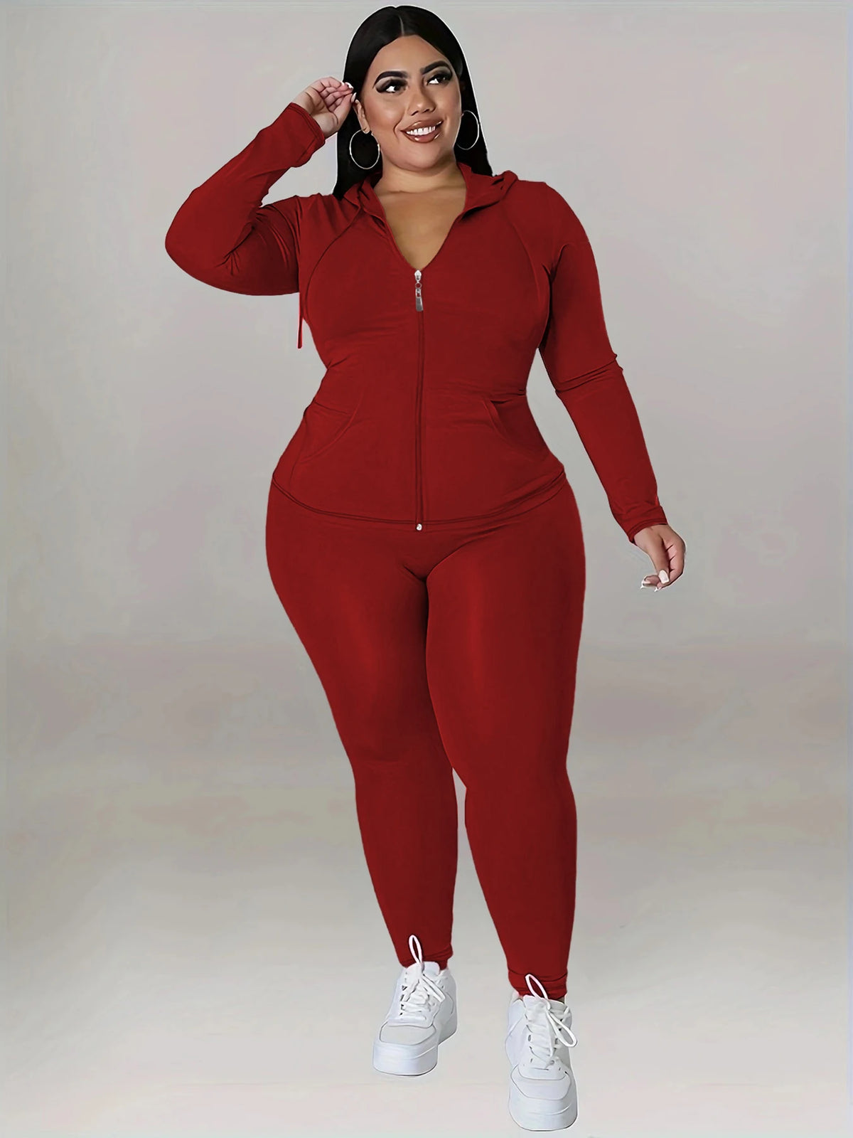 Plus Size Hooded Tracksuit Women Zipper Jacket With Pockets Casual 2 Piece
