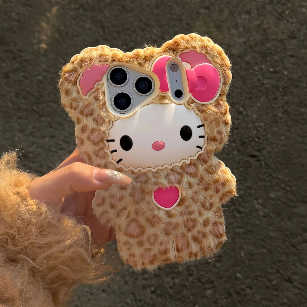 Cute Fluffy Leopard Print Hello Kitty Phone Case