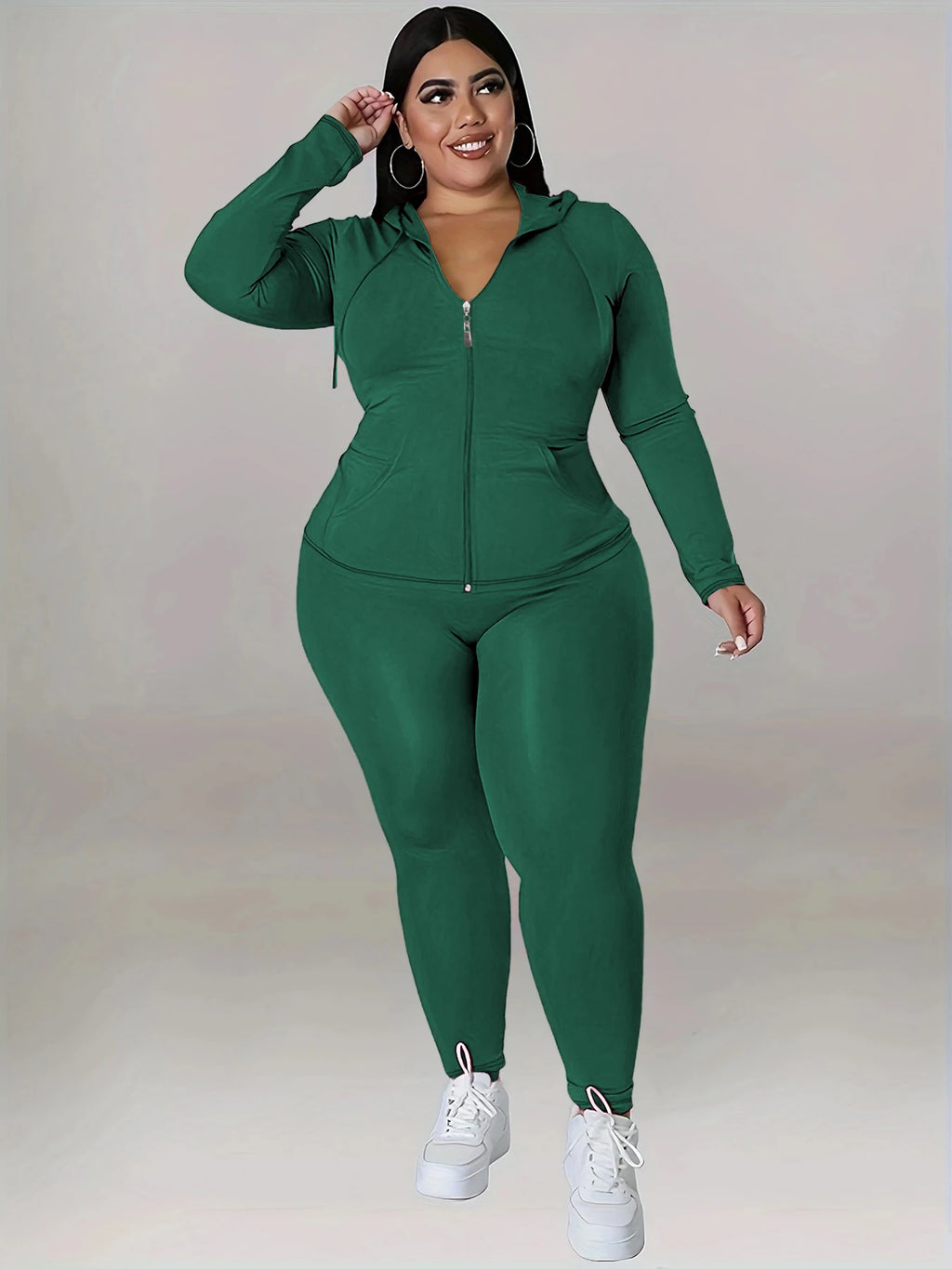 Plus Size Hooded Tracksuit Women Zipper Jacket With Pockets Casual 2 Piece