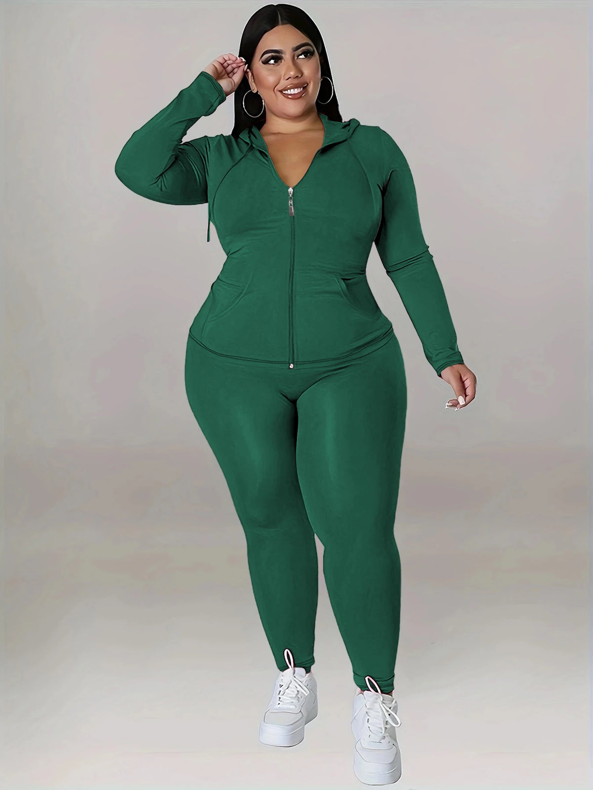 Plus Size Hooded Tracksuit Women Zipper Jacket With Pockets Casual 2 Piece