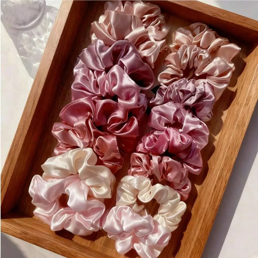 16-piece set of soft satin hair ties in pink and brown colors