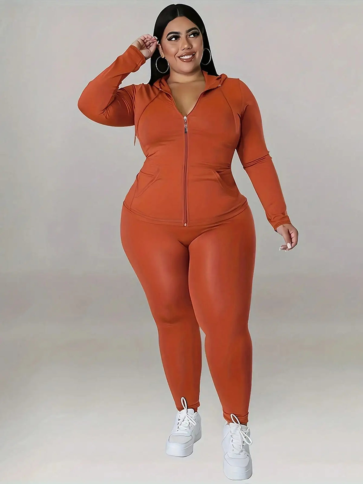 Plus Size Hooded Tracksuit Women Zipper Jacket With Pockets Casual 2 Piece