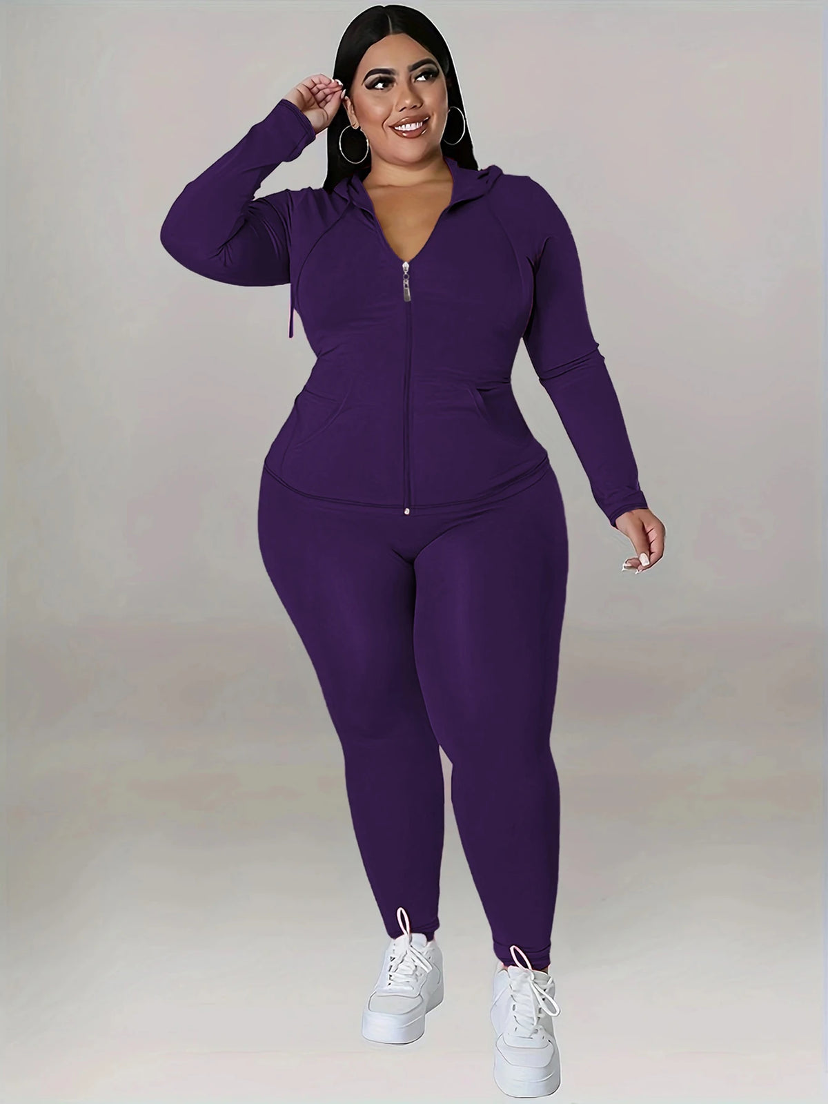 Plus Size Hooded Tracksuit Women Zipper Jacket With Pockets Casual 2 Piece