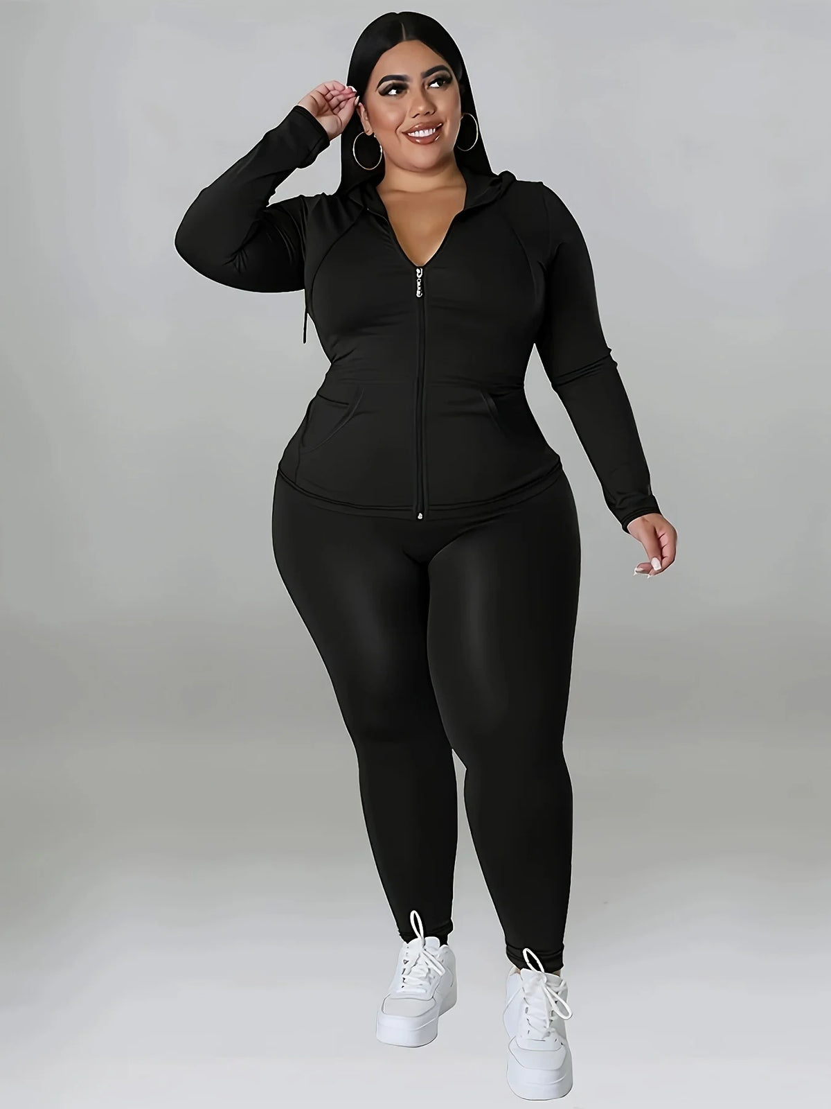 Plus Size Hooded Tracksuit Women Zipper Jacket With Pockets Casual 2 Piece
