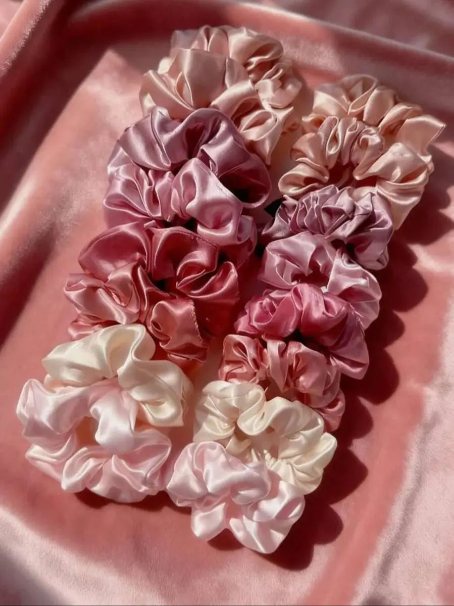16-piece set of soft satin hair ties in pink and brown colors