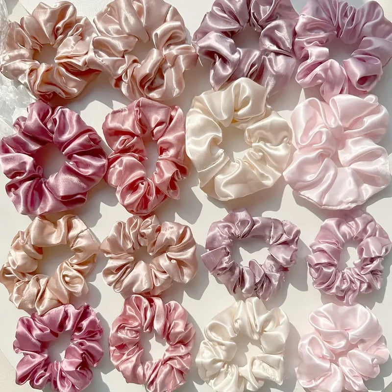16-piece set of soft satin hair ties in pink and brown colors