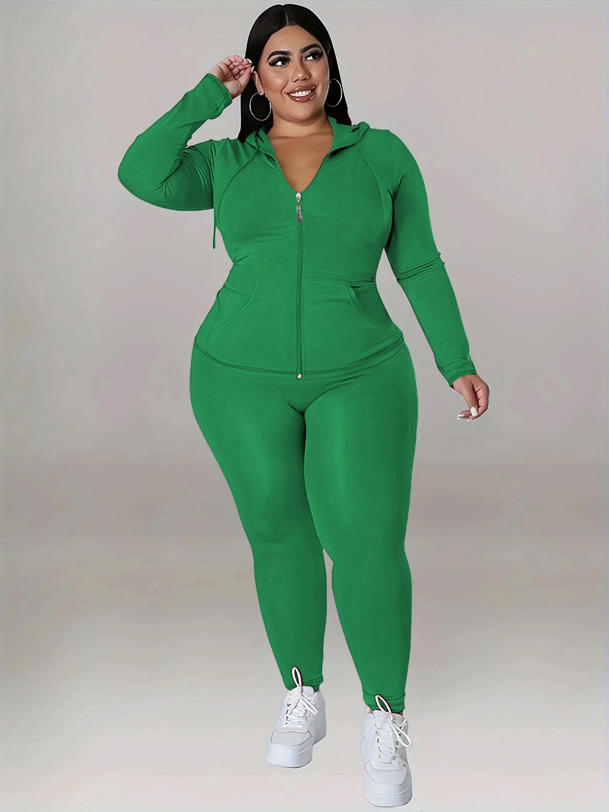 Plus Size Hooded Tracksuit Women Zipper Jacket With Pockets Casual 2 Piece