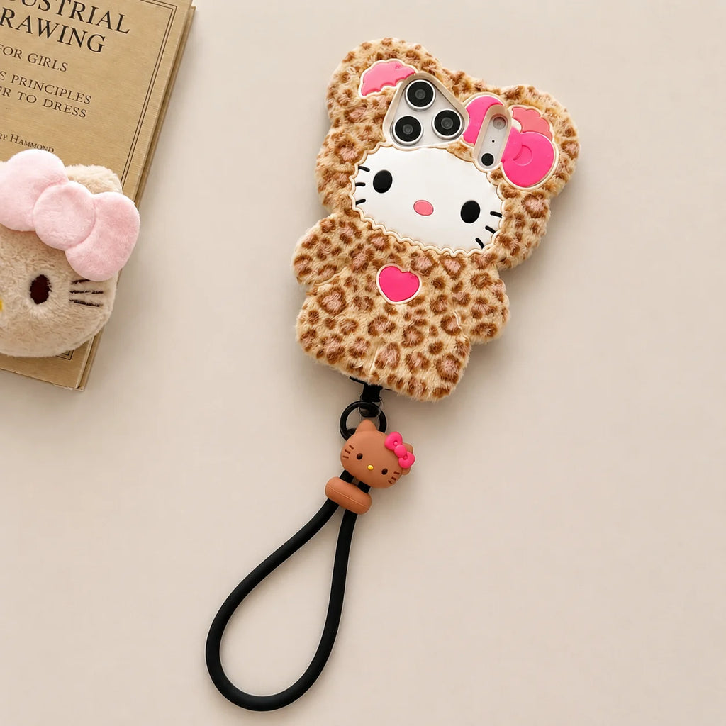 Cute Fluffy Leopard Print Hello Kitty Phone Case